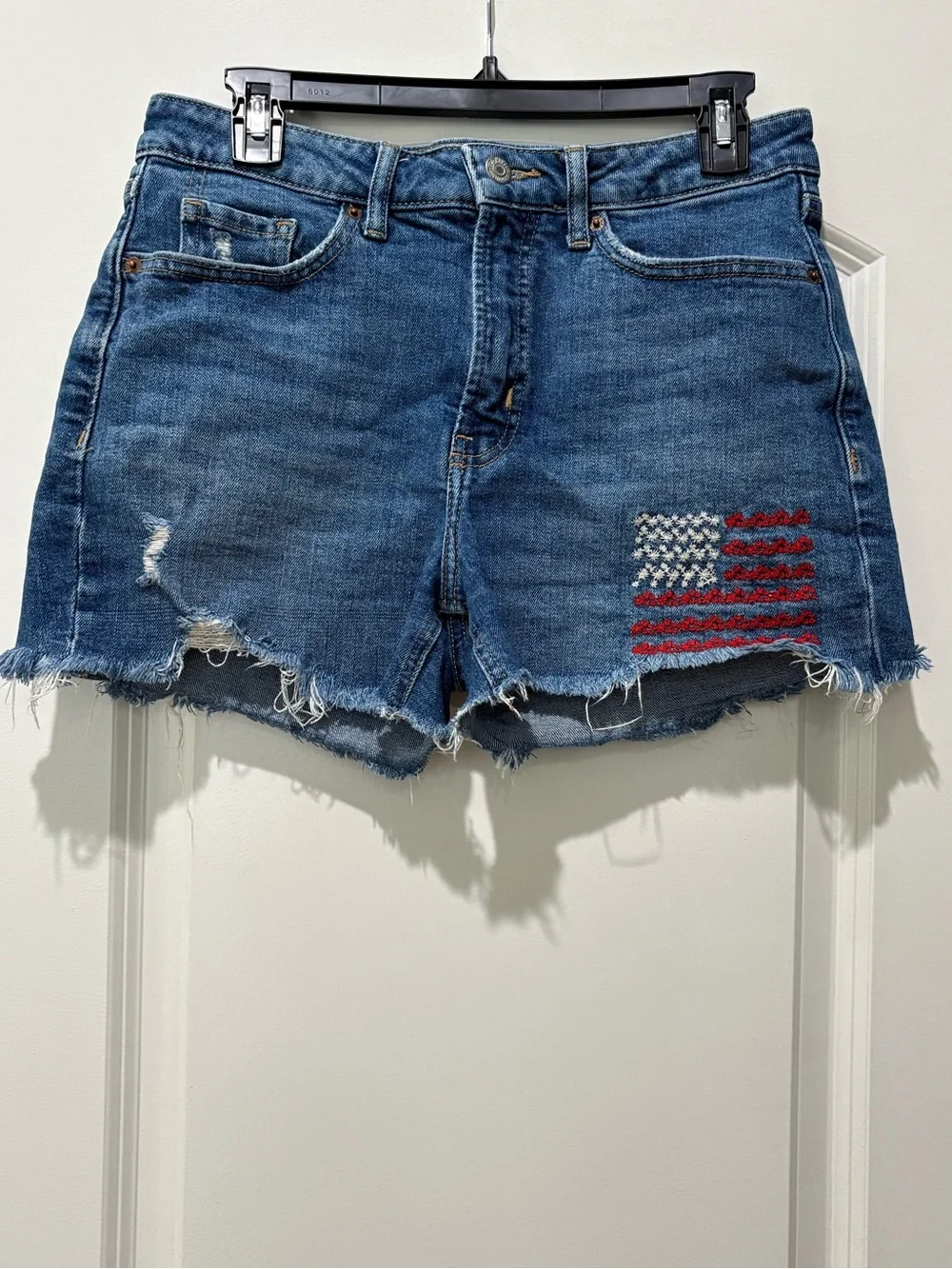 Old Navy O.G. Straight Denim Shorts Size 8 Patriotic American Flag Embroidered
